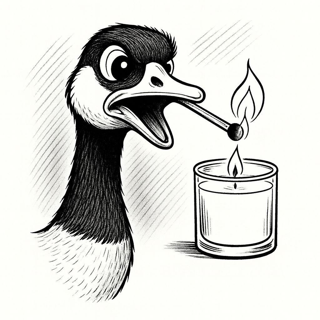 Black and white illustration of a goose lighting a candle with a match.