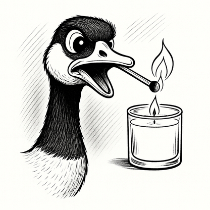 Black and white illustration of a goose lighting a candle with a match.