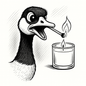 Black and white illustration of a goose lighting a candle with a match.